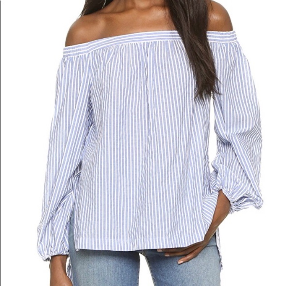 🆕 BCBG Off The Shoulder Blouse in Blue Stripes